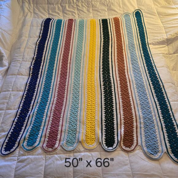 Vintage Handmade Afghan Blanket Crochet Knit Striped 50x66 White Multi - Picture 6 of 6